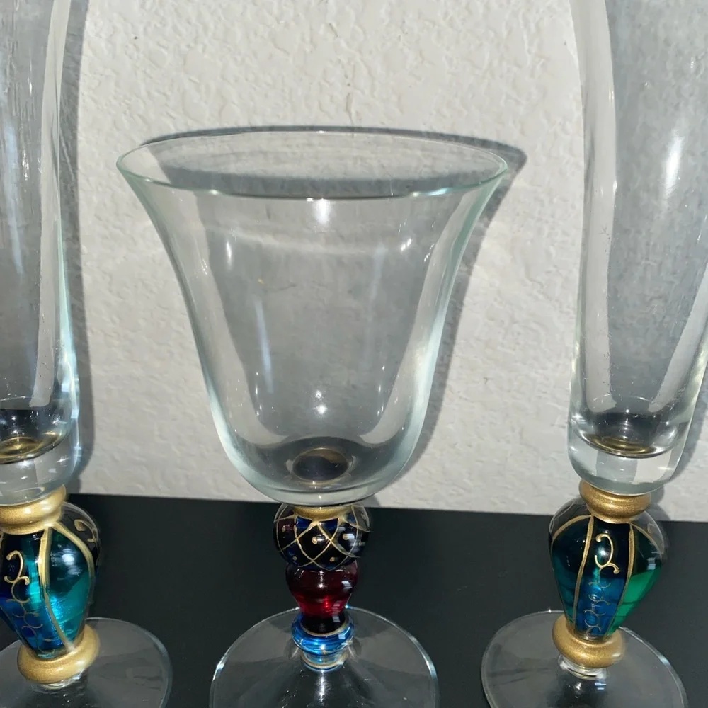 3 VTG Carnival Jeweled Dichroic Carnival MCM Champagne Flutes Multicolor Glasses